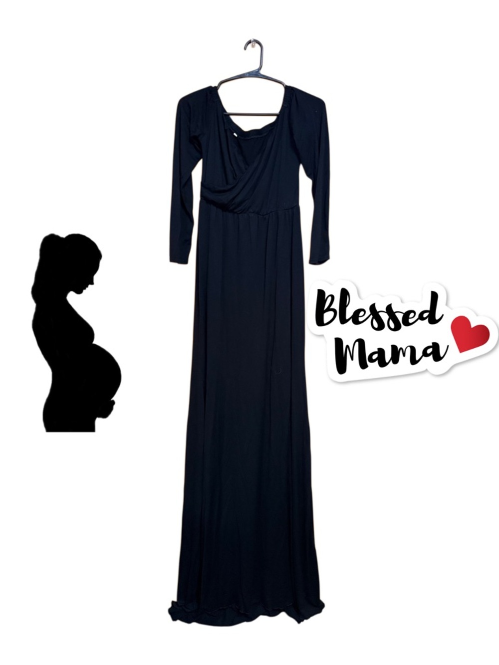 🖤 Maternity Photoshoot Dress Black Maxi Soft Stretch Gown L Baby Shower Shoot 🖤